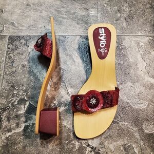 Vintage 90s y2k Wood Floral Beaded Satin Block Heel Slide Sandals 8